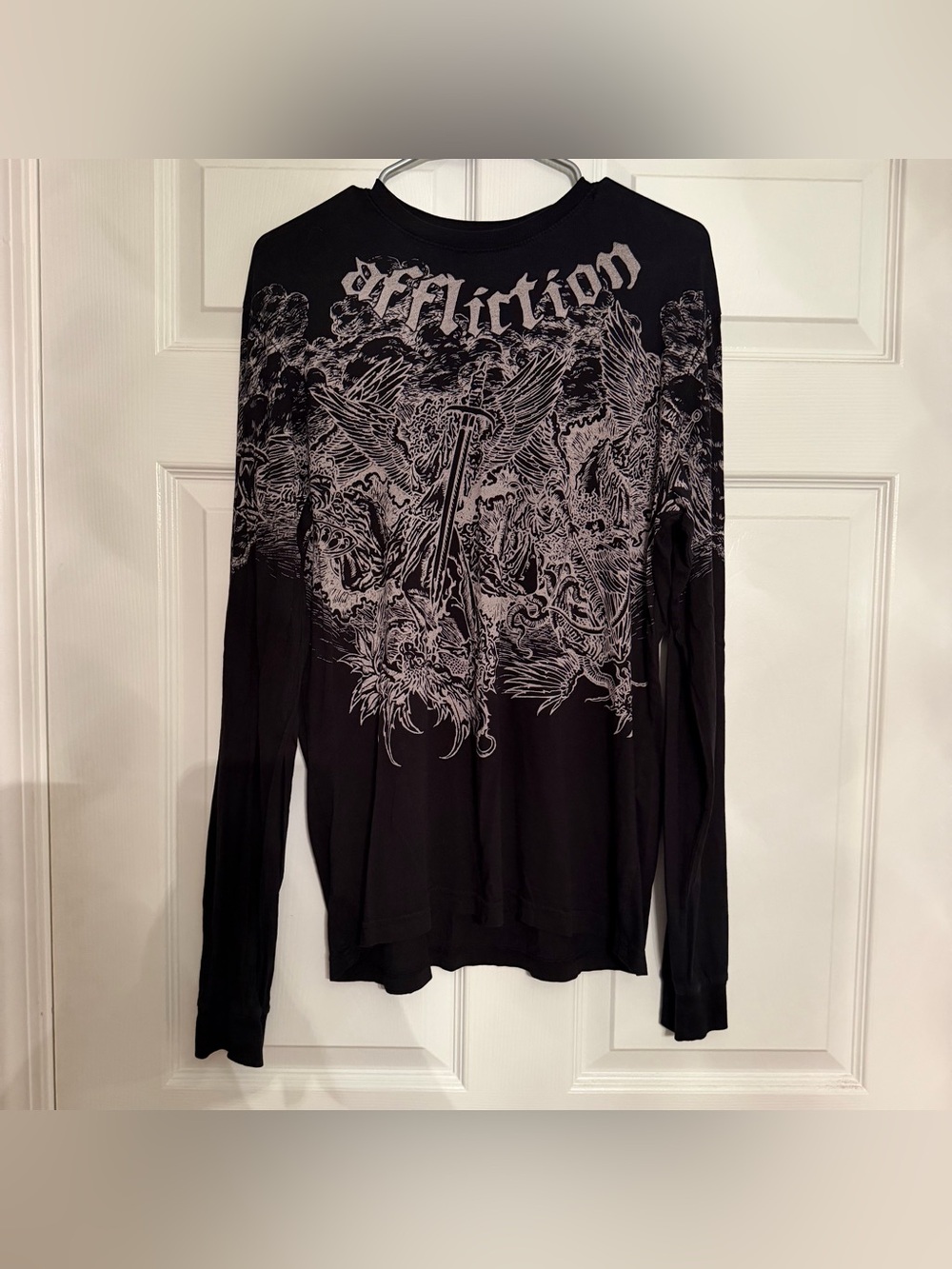Affliction Black Long Sleeve Graphic Top with Gray Artwork